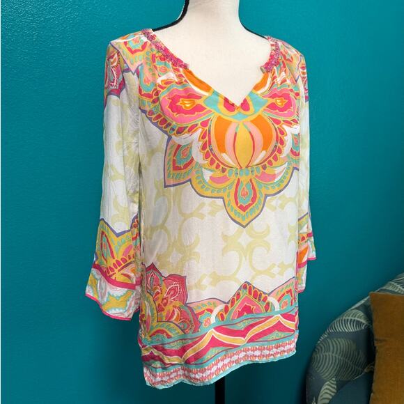 Hale Bob 100% Silk Beaded Neckline Multicolor Print Women's Blouse XS - Picture 2 of 11